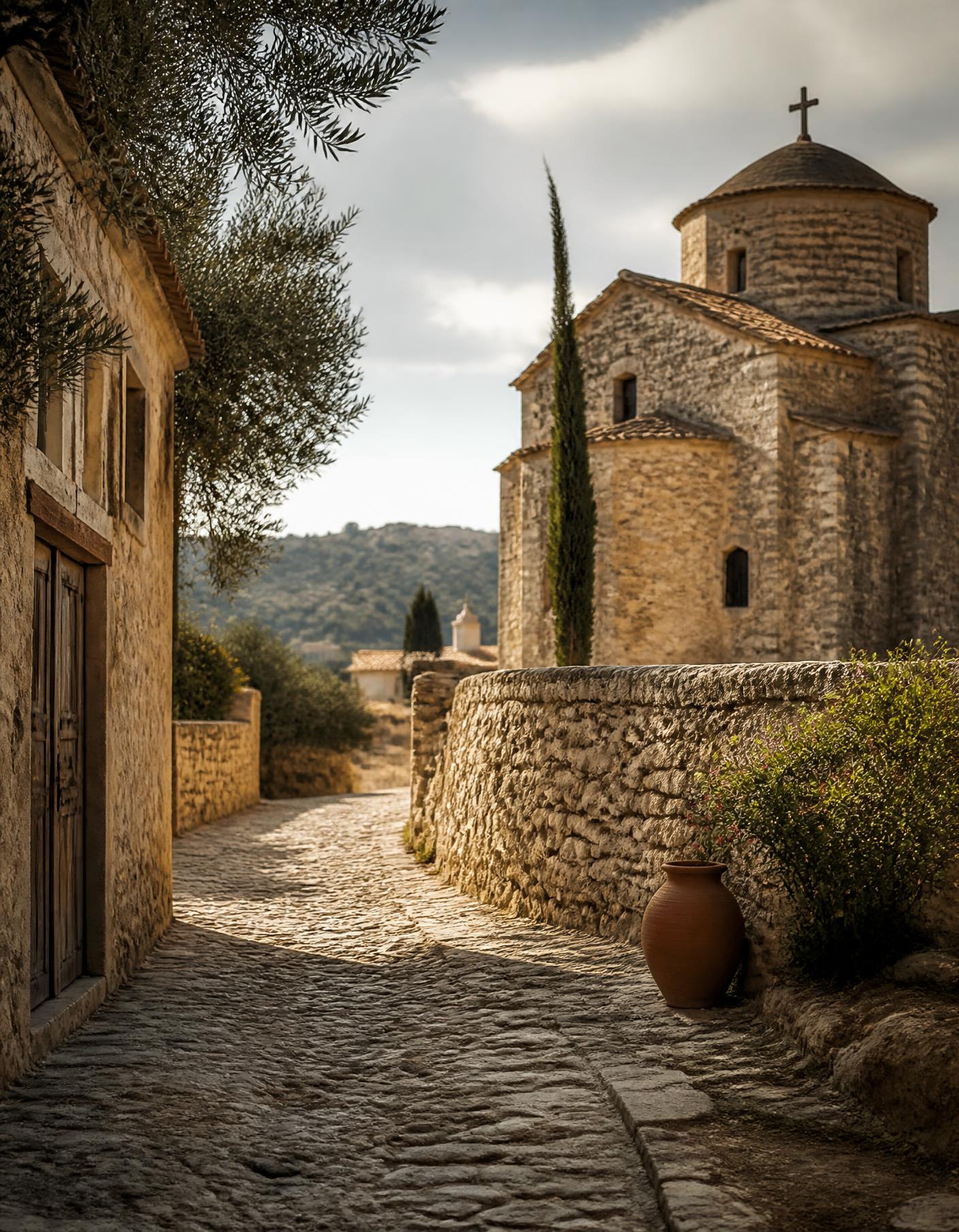 A cobbled lane leading to a stone village church surrounded by olive trees in Cyprus