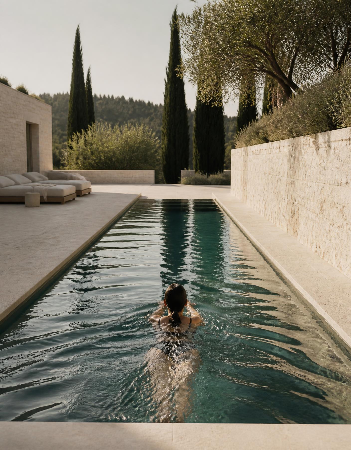 A woman swimming in a minimal limestone lap pool framed by cypress trees