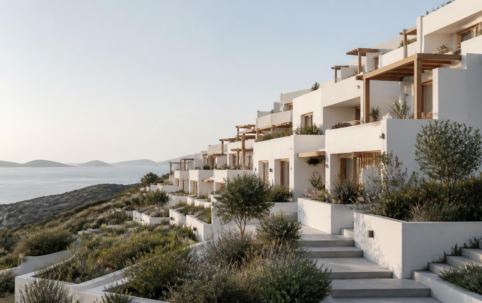Arvora Signature I: white terraced homes stepping down a Mediterranean hillside with timber pergolas, native planting and a sea view over the bay