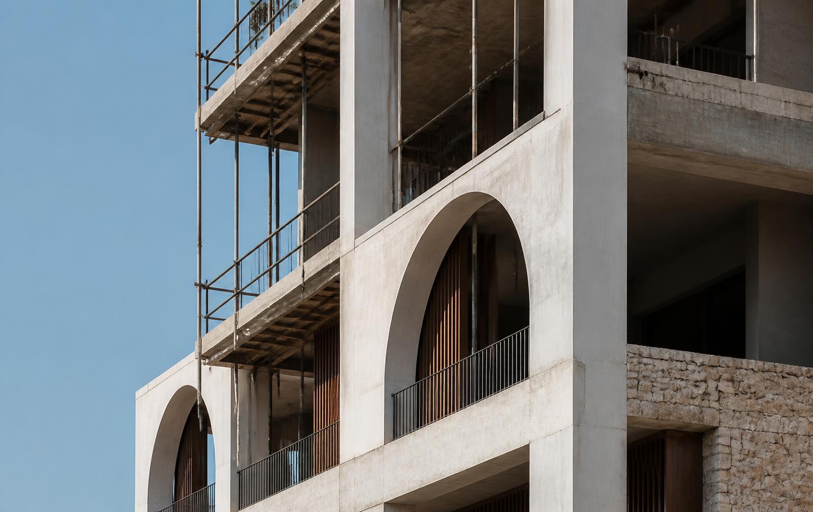 Arched concrete balconies of an apartment building under construction in Cyprus
