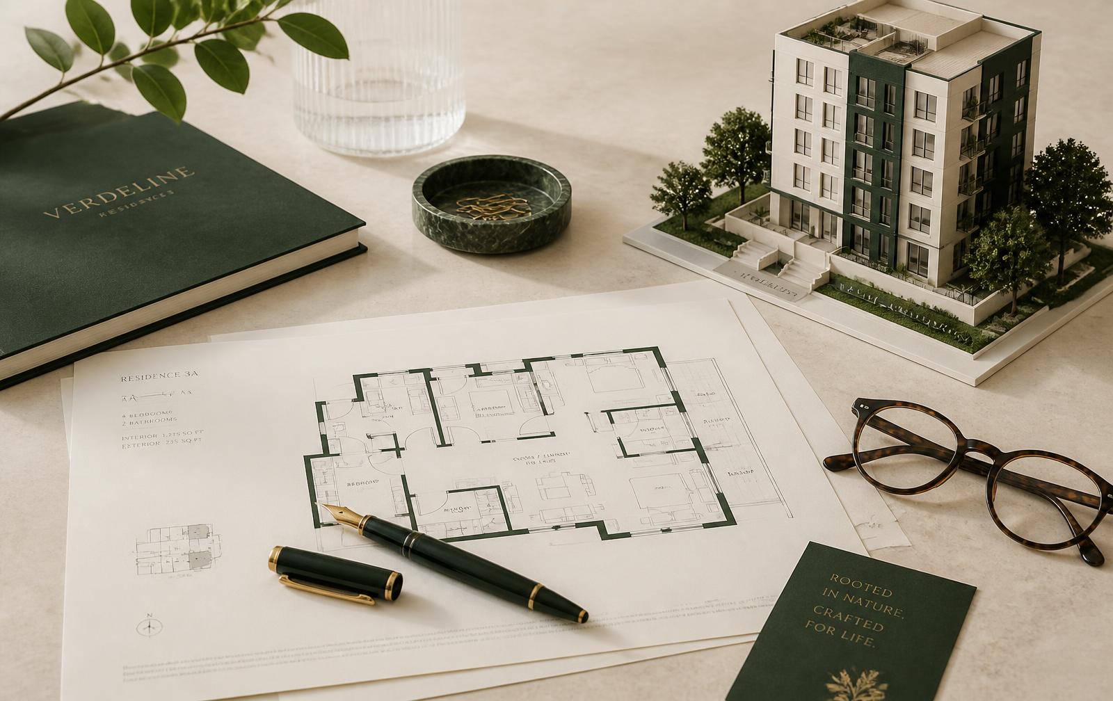 Apartment floor plans and a fountain pen on a pale limestone desk