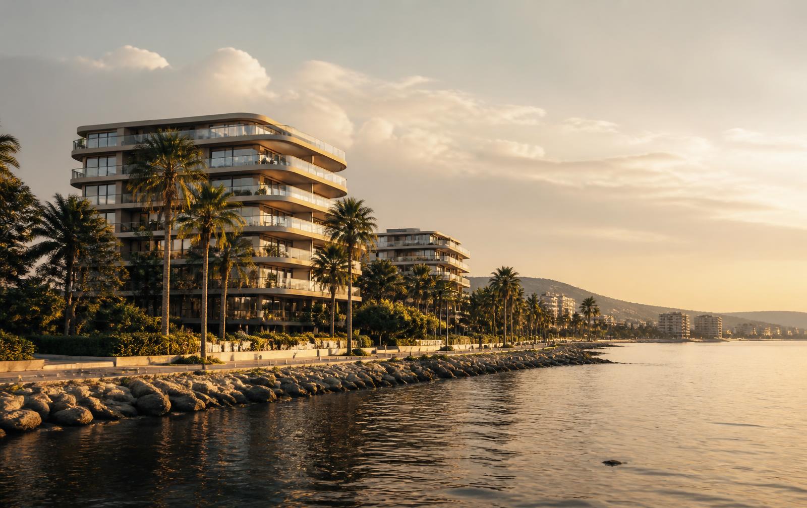 The Limassol coastline at golden hour, with calm sea, promenade palms and the hills behind the city