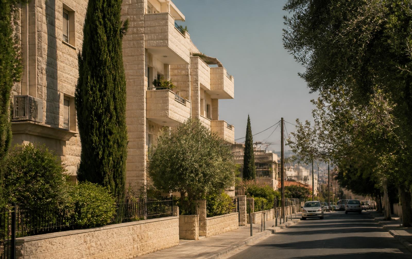 Residential apartment buildings on a tree-lined street in Neapolis, Limassol