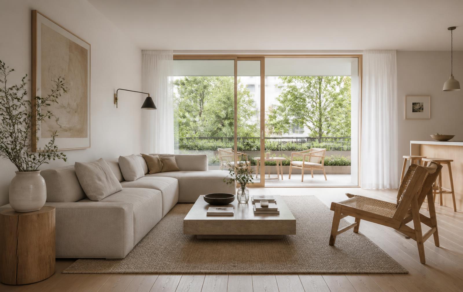 Living room in an Arvora Collection I residence with pale oak flooring, linen sofa and full-height sliding doors opening to a planted veranda